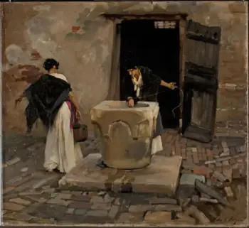 Painting of two women carrying buckets of water.