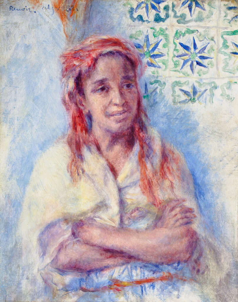 A painting of a woman in a red headscarf standing in front of a mosaic wall, rendered in soft brushstrokes.