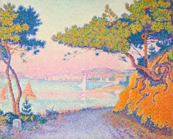 A painting of a road by a beach on a sunny day, rendered in points of color.