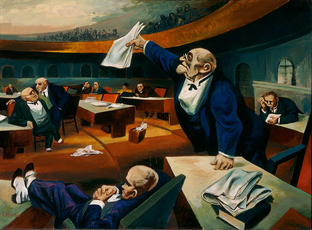 A satirical oil painting of old men in congress, one standing and giving a dramatic speech.