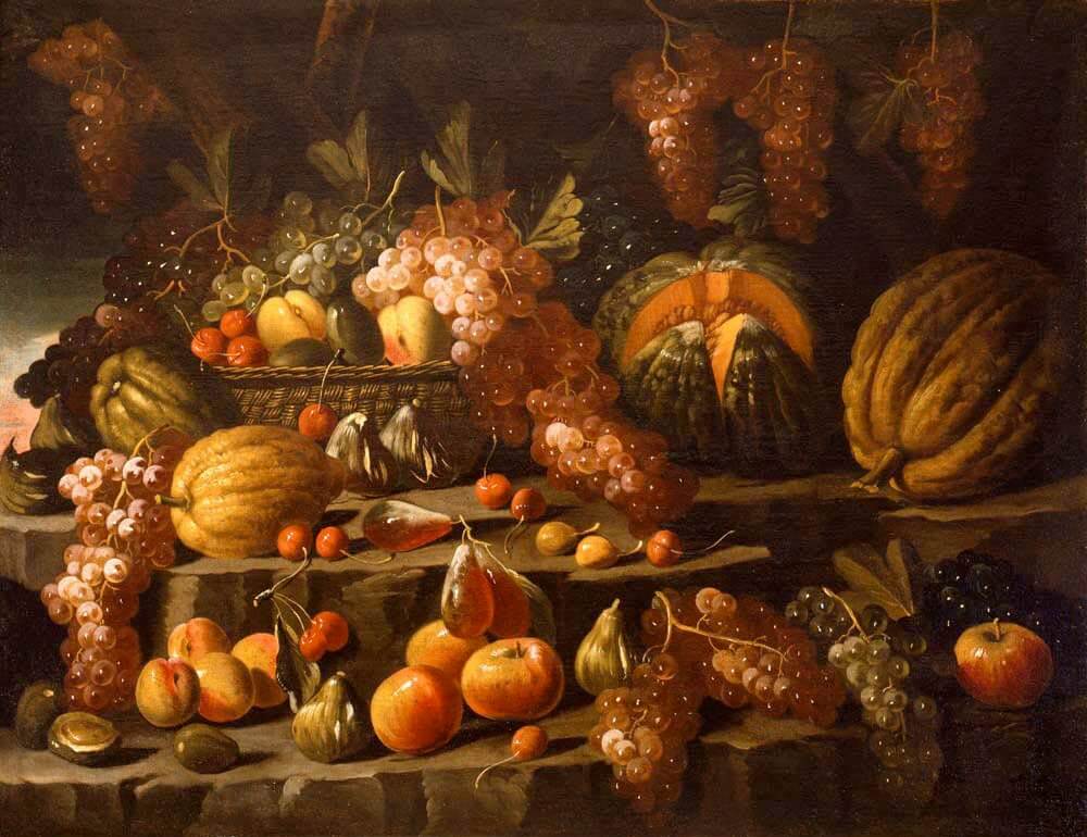Still life of platters of fruit.
