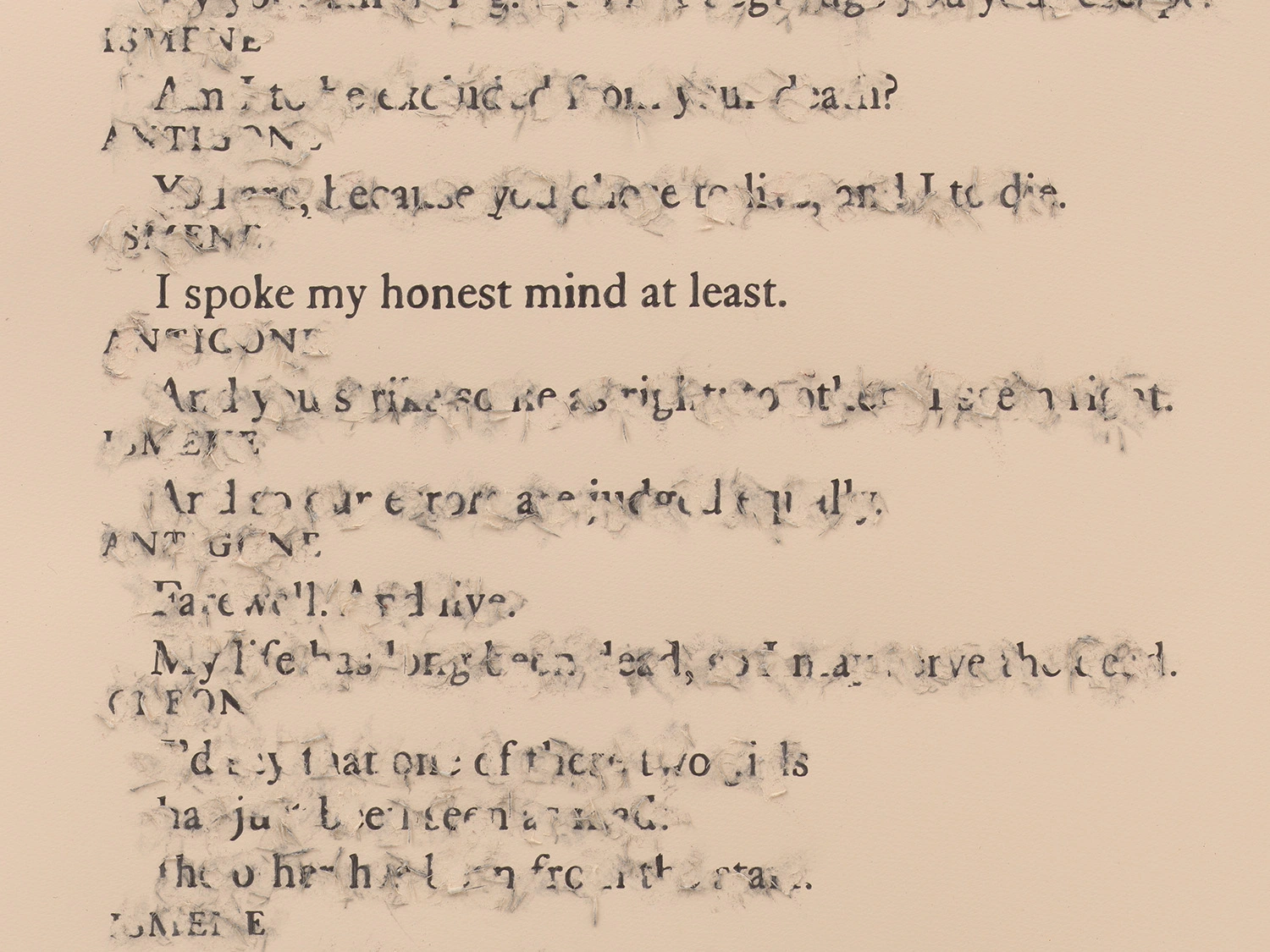 Words written on a page and erased so harshly that the paper is torn up, although the traces of the words are visible. Near the top, one line is legible: "I spoke my honest mind at least."