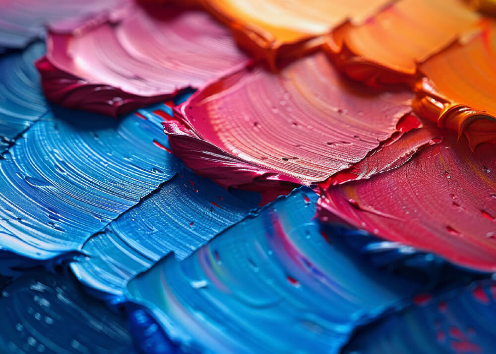 Textured paint in blue, pink, and yellow.