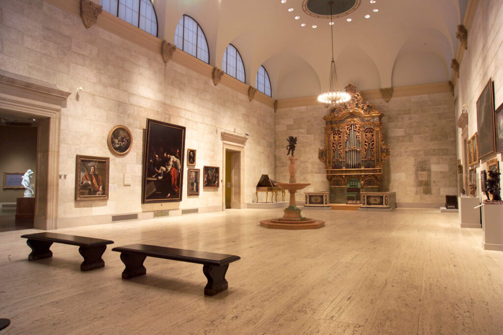 MAG's Fountain Court, with Baroque art on the walls and the Italian Baroque Organ on one end.
