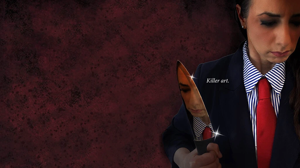 A spoof on the movie poster for American Psycho. A woman in a suit and tie looks serious, holding a knife, against a dark background. The tagline reads "Killer art."