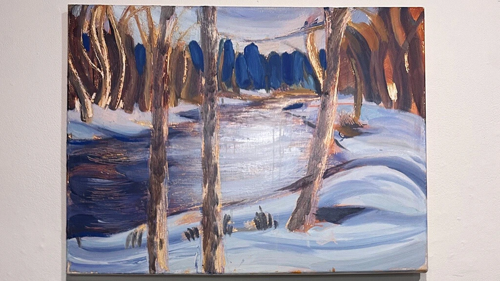 A painting of a river winding through the woods, snow on the ground.