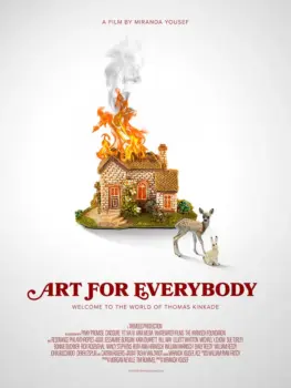 The movie poster for "Art For Everyone," featuring a quaint, kitschy cottage sculpture on fire.