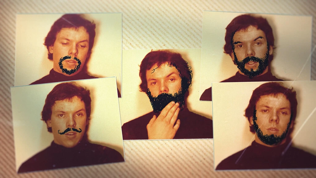 A still from the movie "Art for Everybody," showing sepia-toned polaroids of a young Thomas Kinkade with facial hair drawn on his face in each.