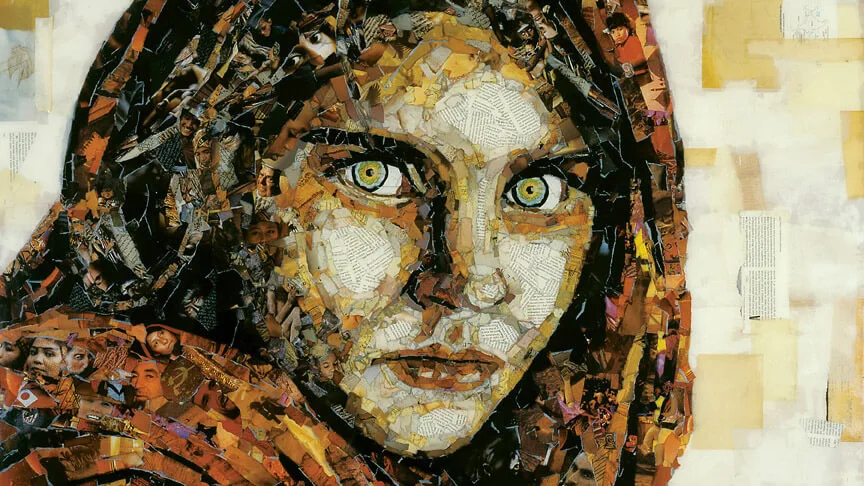 A ripped paper portrait of a woman with wide, piercing eyes, based on Steve McCurry's 1984 Afghan Girl photo.