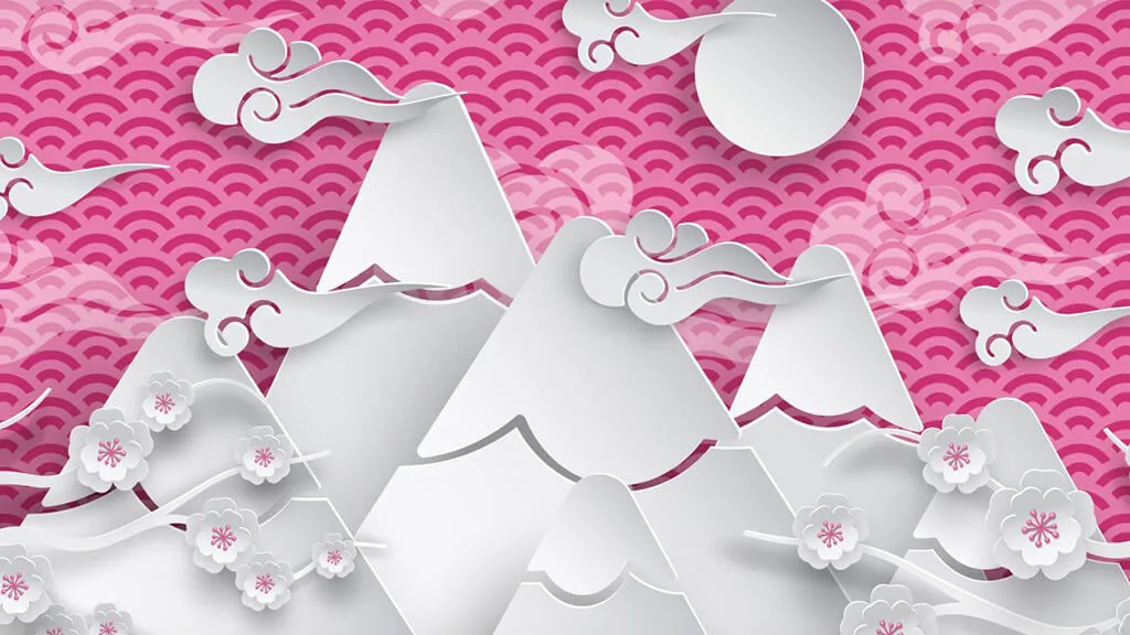 A kirigami scene of mountains, clouds, and cherry blossoms in white paper against a pink patterned background.