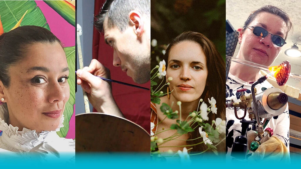 Four different artist headshots collaged together. From left to right: Anny Ostau De Lafont, Asa Farnham, Hayley Davis, and Sage Churchill-Foster.