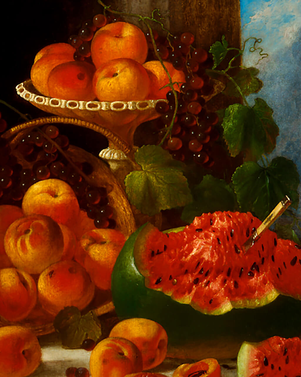 An oil painting of a table set with a platter and wicker basket of peaches and a watermelon that's been cut open.