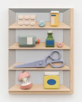 A relief sculpture in pastel colors depicting the inside of a medicine cabinet that contains several pill bottles, a pair of scissors, and an apple core.