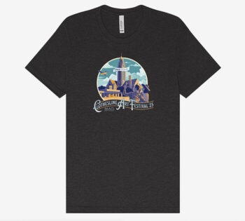 A dark grey tee-shirt with retro-inspired art of the Memorial Art Gallery on it.