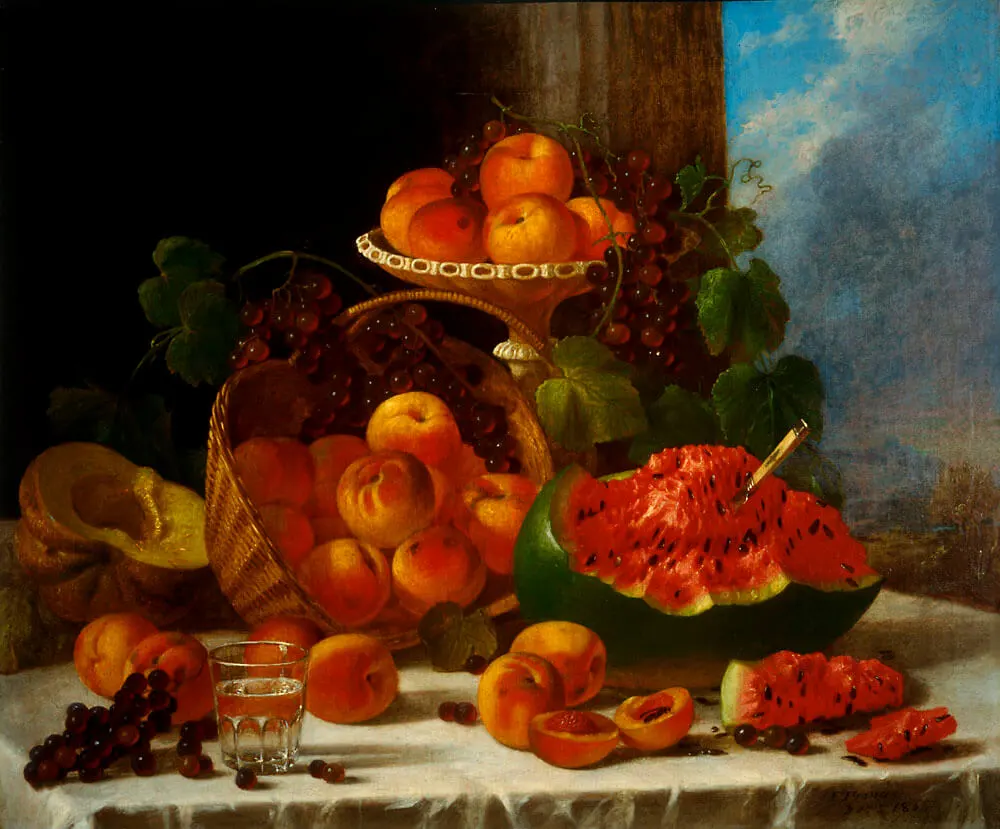 An oil painting of a table set with a platter and wicker basket of peaches and a watermelon that's been cut open.