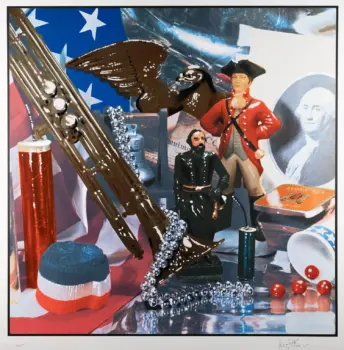 A still life of an assortment of objects associated with patriotism in the United States, including a shiny gold eagle statue, shiny plastic statues of 18th century soldiers, and red, white, and blue streamers.