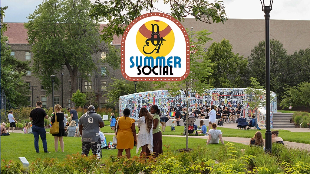 People gathering in the Centennial Sculpture Park. The logo for NOTA's Summer Social is at the top center.