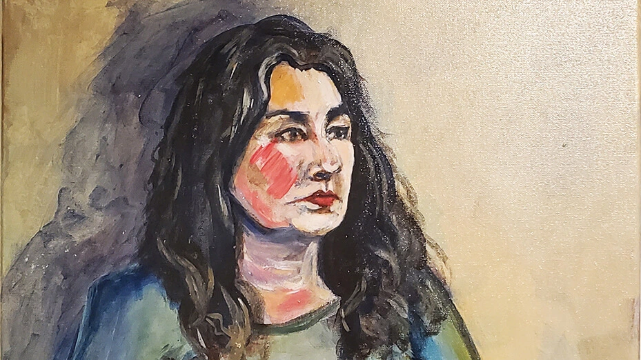 Acrylic painting of a woman sitting against a wall, staring off into space.