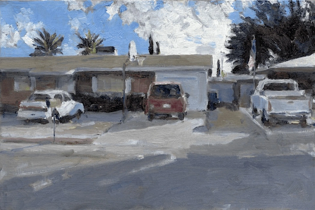 Jim-Mott_Gravel-Lawns An Impressionist painting of a street of suburban, one-story houses.