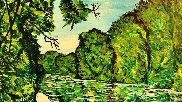 An impressionist painting of the Erie Canal in shades of green and yellow, the trees reflecting on the water.