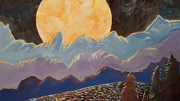 Painting of a large, bright harvest moon rising behind mountain peaks.