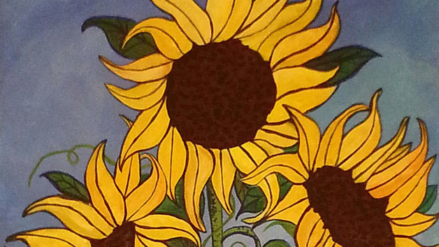 Painting of three sunflowers.