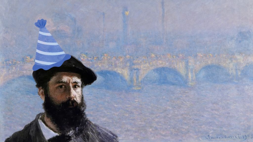 A portrait of Monet wearing a cartoon birthday hat superimposed on his painting of Waterloo Bridge in MAG's collection.