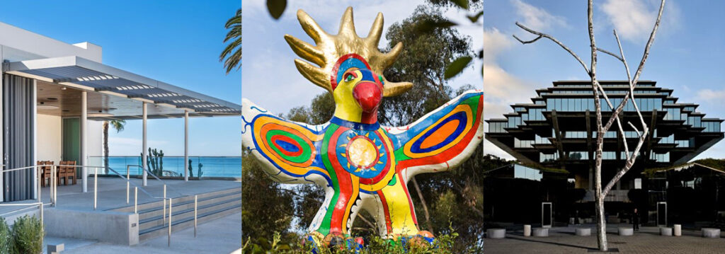 From left to right: an outdoor terrace area at the Museum of Contemporary Art San Diego; the Sun God sculpture in the Stuart Collection; the Geisel Library at the University of California, San Diego.