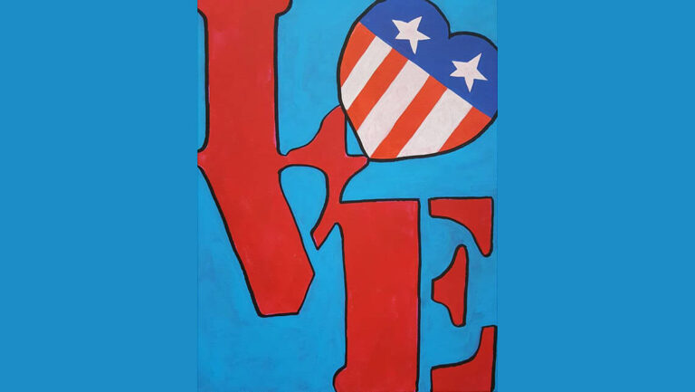 A painting with the word "love" stenciled in red letters against a blue background. The O is a heart styled like the American flag.