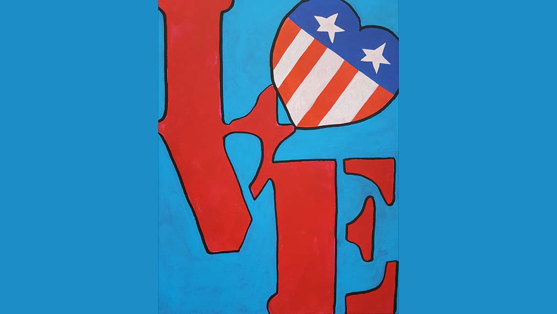 A painting with the word "love" stenciled in red letters against a blue background. The O is a heart styled like the American flag.