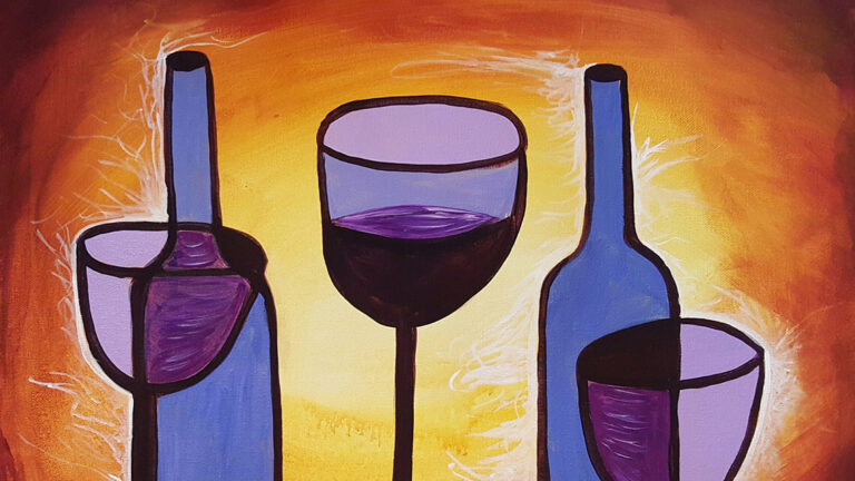 A painting of wine glasses and two wine bottles done in a simple, graphic style.
