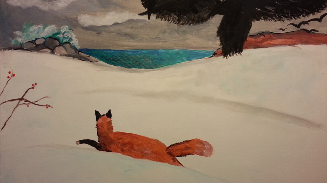 A painting of a fox running in a snowy field.