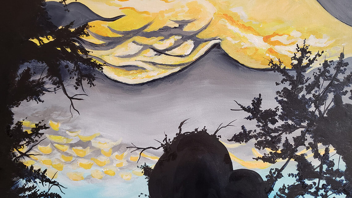 A painting of an abstract sky silhouetted by trees.