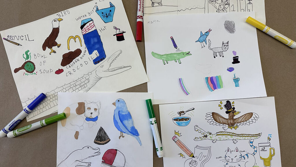 Many children's drawings of animals in pencil, pen, and markers.
