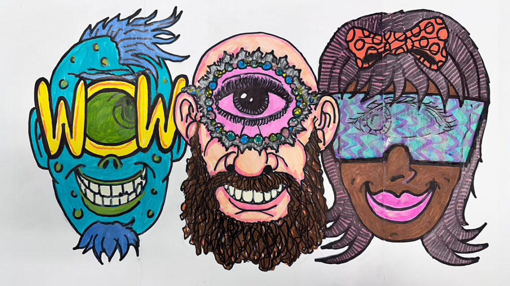 Three exaggerated cartoon heads in a row, all smiling broadly and with just one eye.