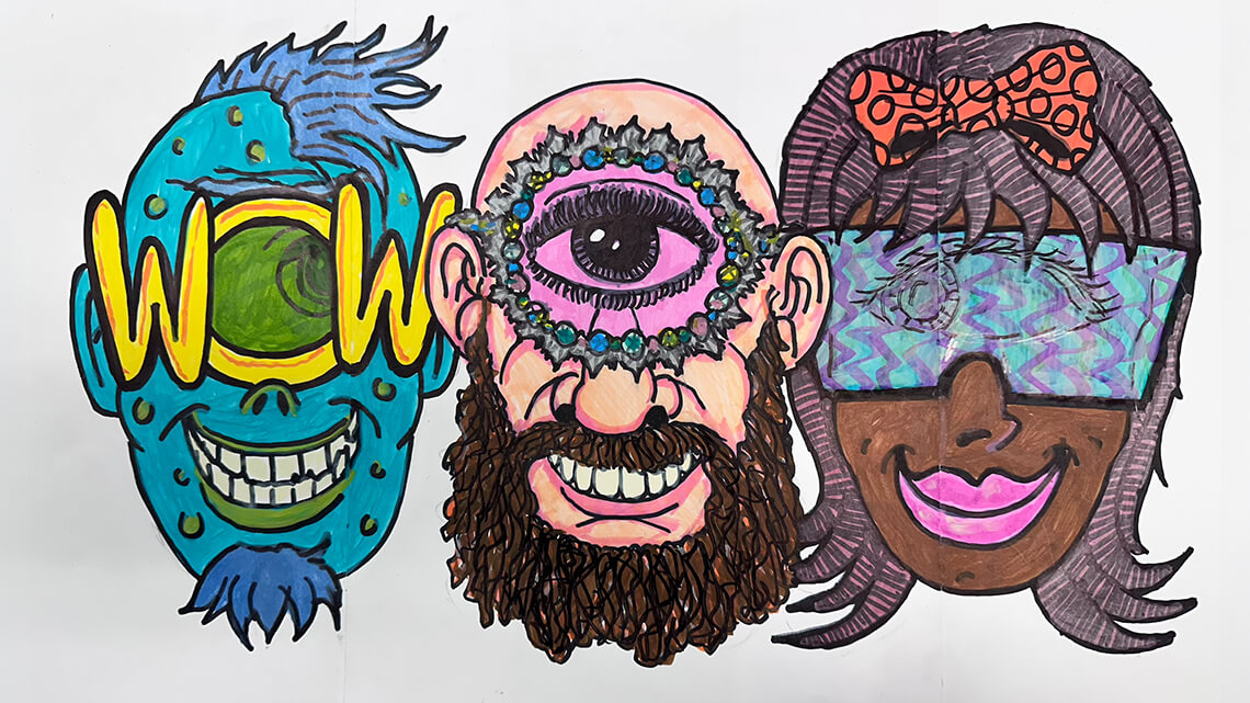 Three exaggerated cartoon heads in a row, all smiling broadly and with just one eye.