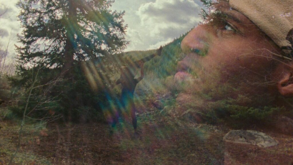 Two people dancing in nature, a sunrise behind them, and a person's face looking up overlaid on the right.