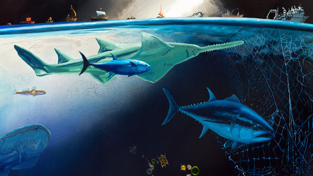 Painting of aquatic life swimming toward a net and trash below a tiny horizon line of boats and ships.