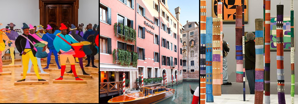 From left to right: an art installation with painted drummers; the Starhotels Splendid Venice hotel; an art installation with hanging, painted tubes.
