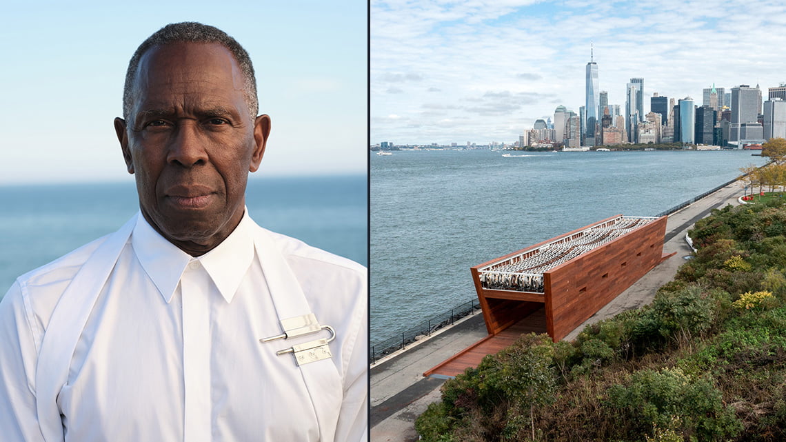 A collage of two photos: artist Charles Gaines and a monumental kinet­ic sculp­ture built from steel and wood through which people walk, which is located next to a wide river, New York City in the background.