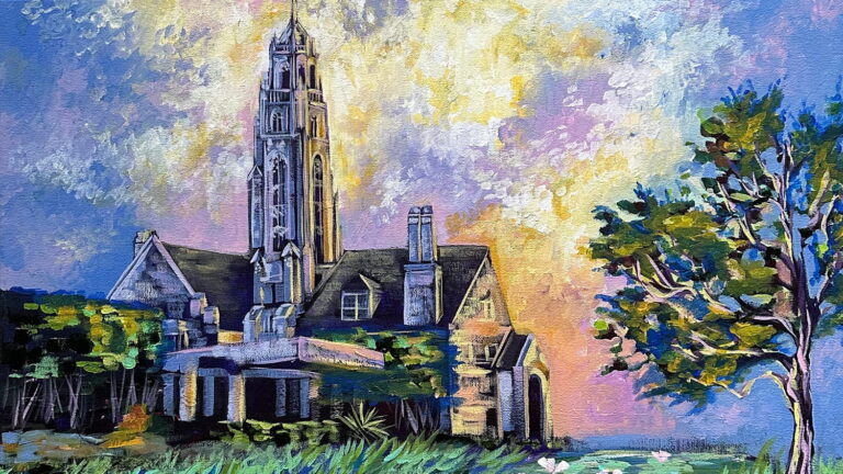 Impressionist painting of MAG at dawn, a green field in the foreground.