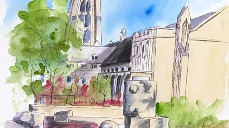 Ink drawing of Cutler union colored with watercolor paints
