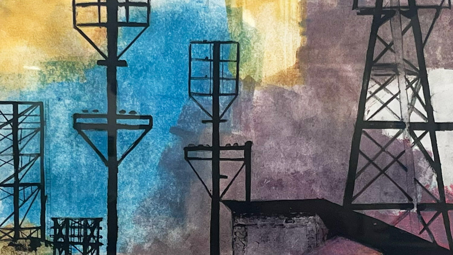 Black electric poles standing in space against ground implied by washes of color.