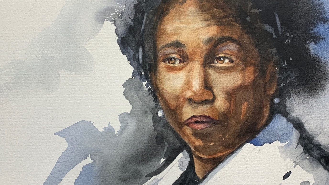 Watercolor painting of a black woman in a grey coat.