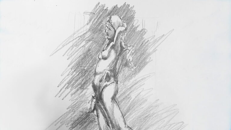 Drawing of a statue of a nude woman.