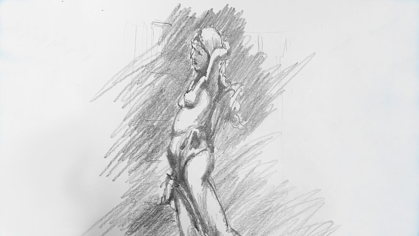 Drawing of a statue of a nude woman.