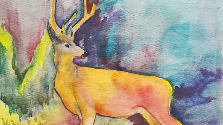 Watercolor painting of a deer against a hazy, impressionist forest backdrop.