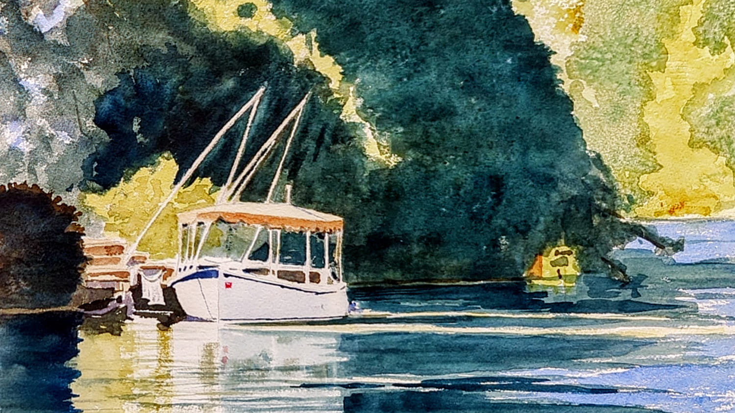 A watercolor depicts a small white and blue tour boat with a canopy sits along the tree-lined banks of a calm waterway with the shady greens and blues of the trees reflecting on the surface.