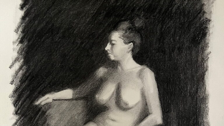 A charcoal drawing of a nude female model.