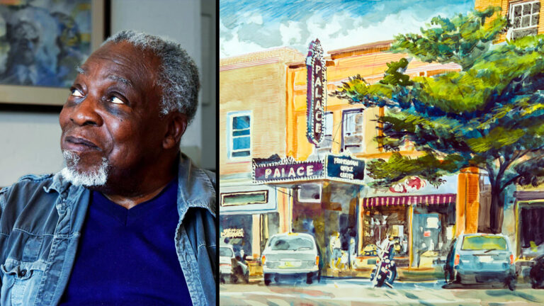 A collage of two photos: artist Luvon Sheppard and one of his works of art, a watercolor depicting the Palace Theatre.